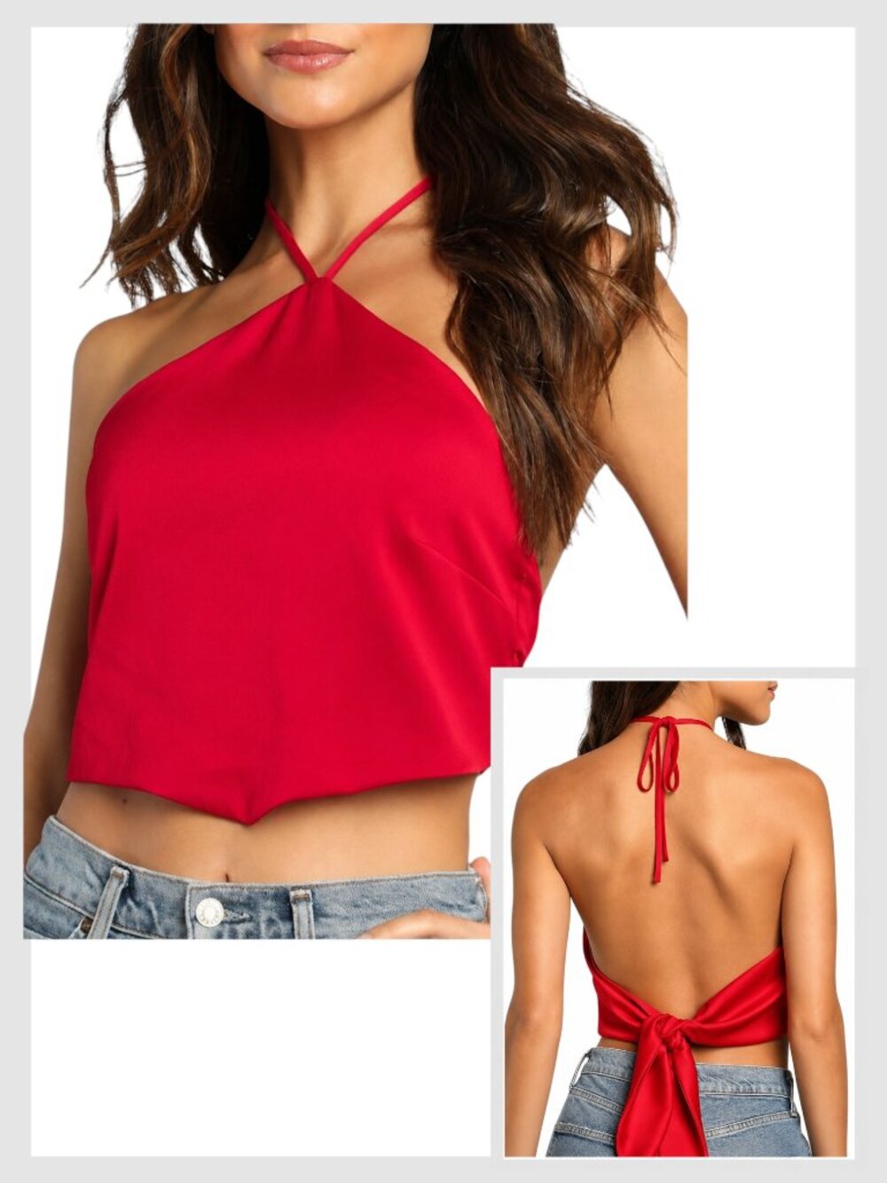 Lulus Summer Outings Halter Top Red Tie-Back Satin Crop S